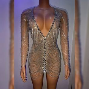 Tasseled Swarovski Rhinstone Drip Chain Dress